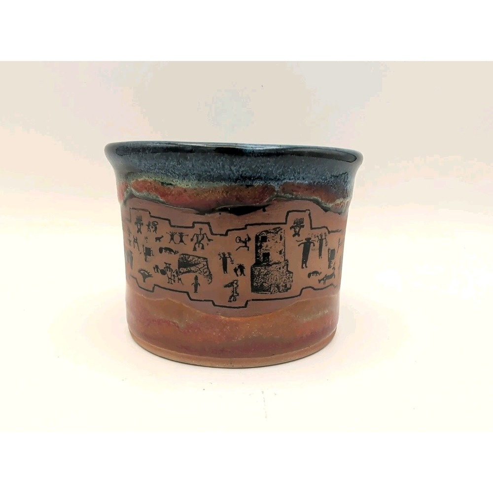 Always Azul Pottery Decorative Dip Blue & Earthy Colors Scenic Petroglyph Motif